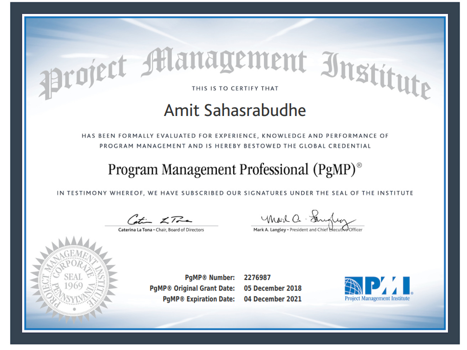 Amit Sahasrabudhe - PgMP in First Attempt in less than 3 months time.